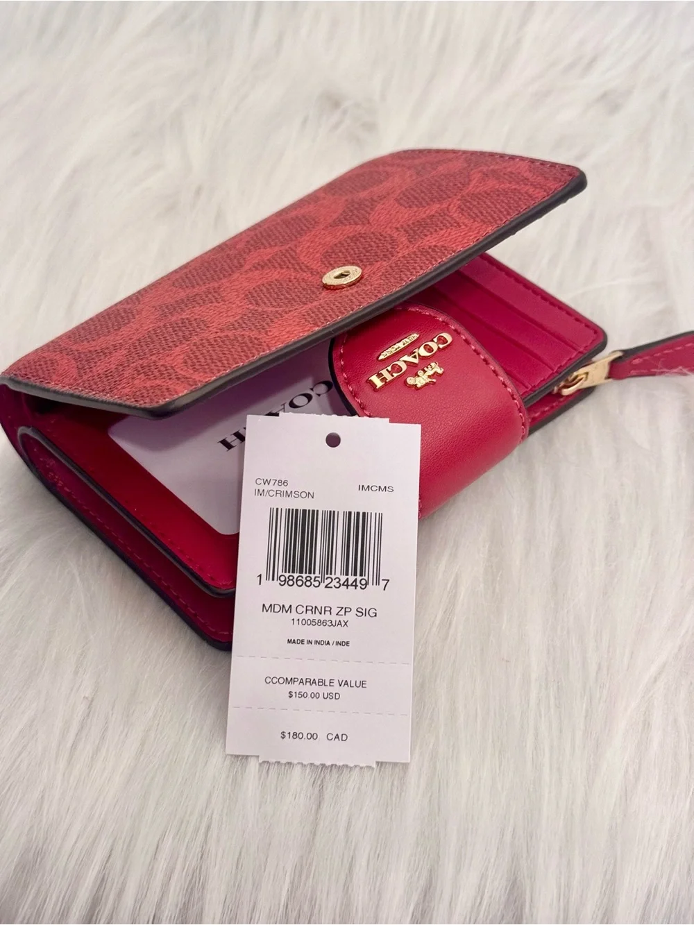 NWT Coach Medium Corner Zip Wallet In Signature Canvas GOLD/CRIMSON CW786